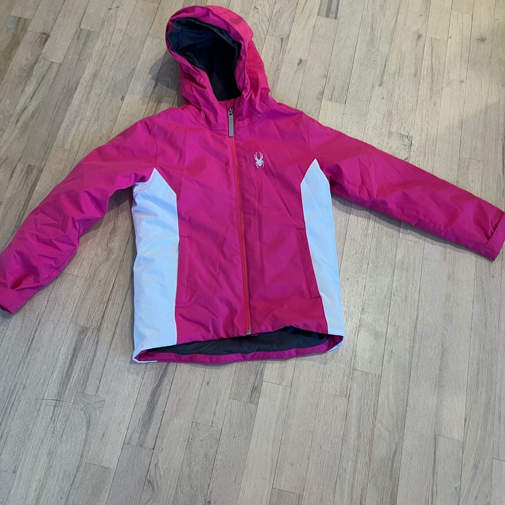 Spyder Fuchsia and White Kids Puffer Jacket